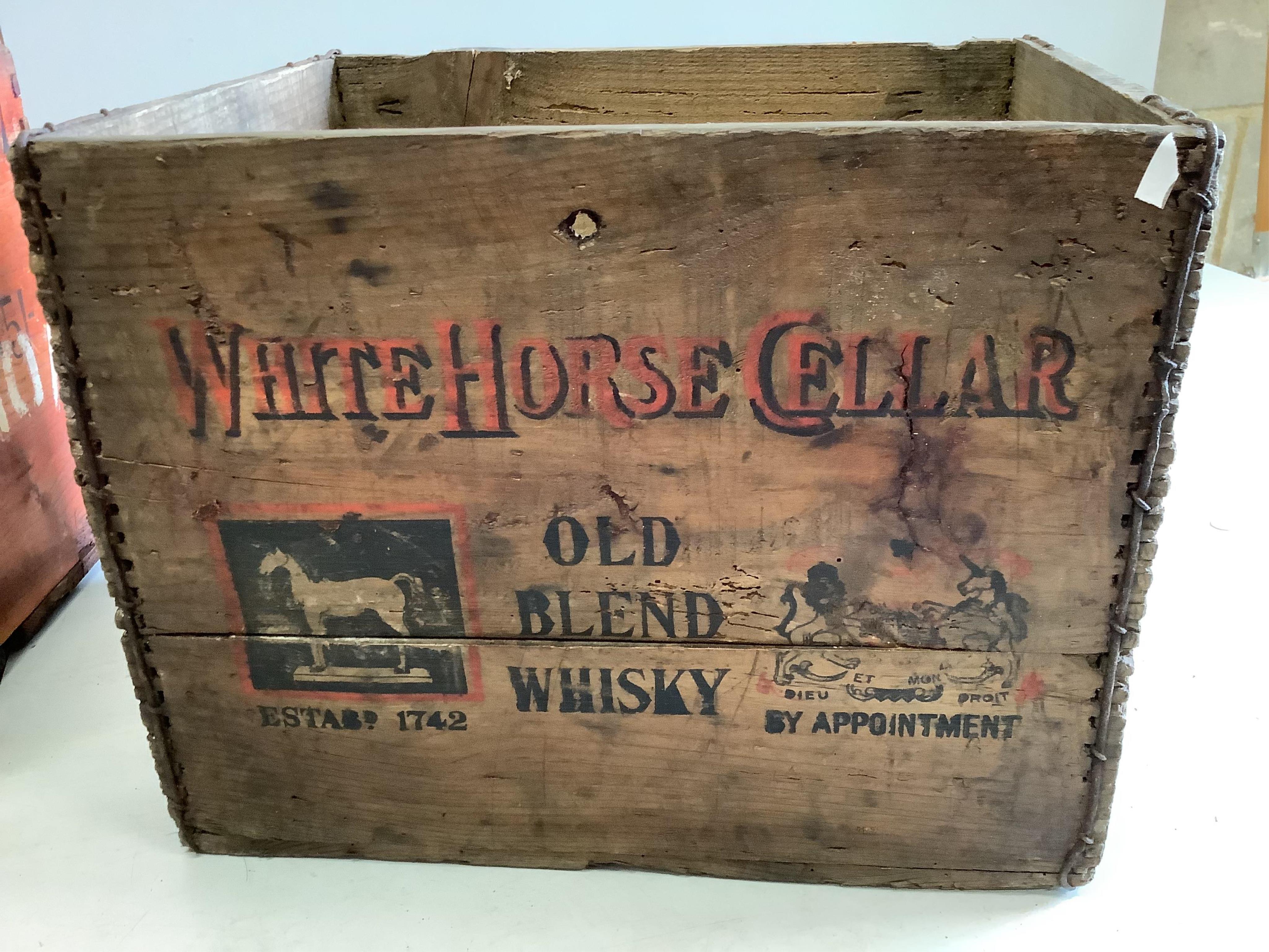 Seven vintage port, whisky and fruit crates, largest width 43cm, height 27cm. Condition - poor